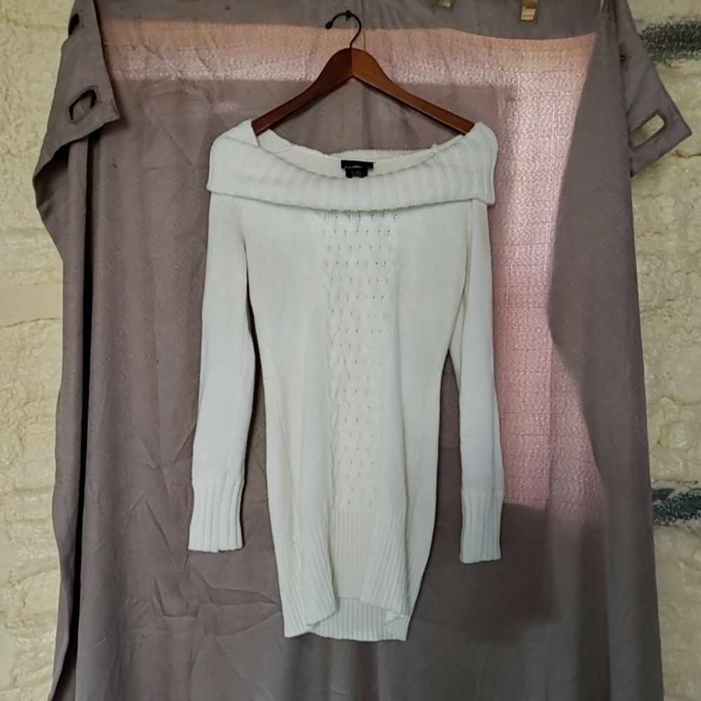 It's Our Time Sweater Tunic Juniors M White Cowl Neck Long Sleeve Cable Knit